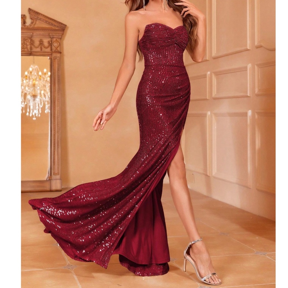 Luxe Sequin Strapless Formal Party Prom Wedding Dress - Picture 4 of 10